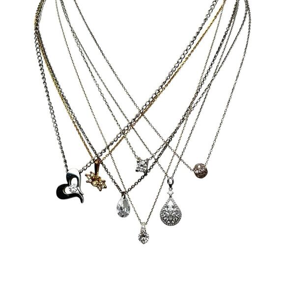 Rhinestone Pendant Necklace Lot 7 Gold And Silver Tone Wearable Delicate Sparkly - Picture 10 of 12